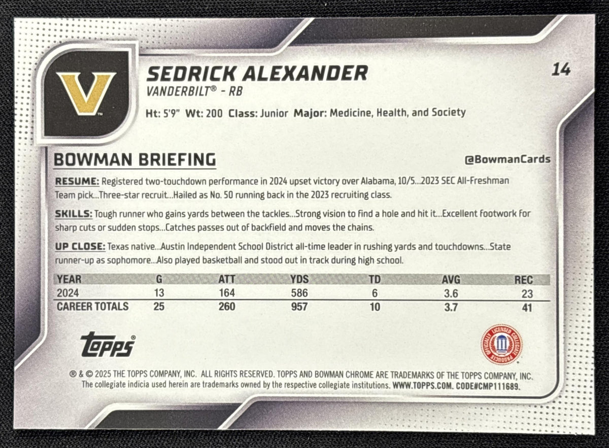 Sedrick Alexander 2025 Bowman Chrome University Prospects Aqua Refractor /325 Commodores