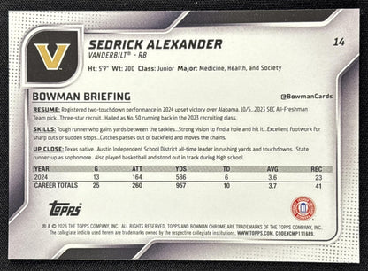 Sedrick Alexander 2025 Bowman Chrome University Prospects Aqua Refractor /325 Commodores