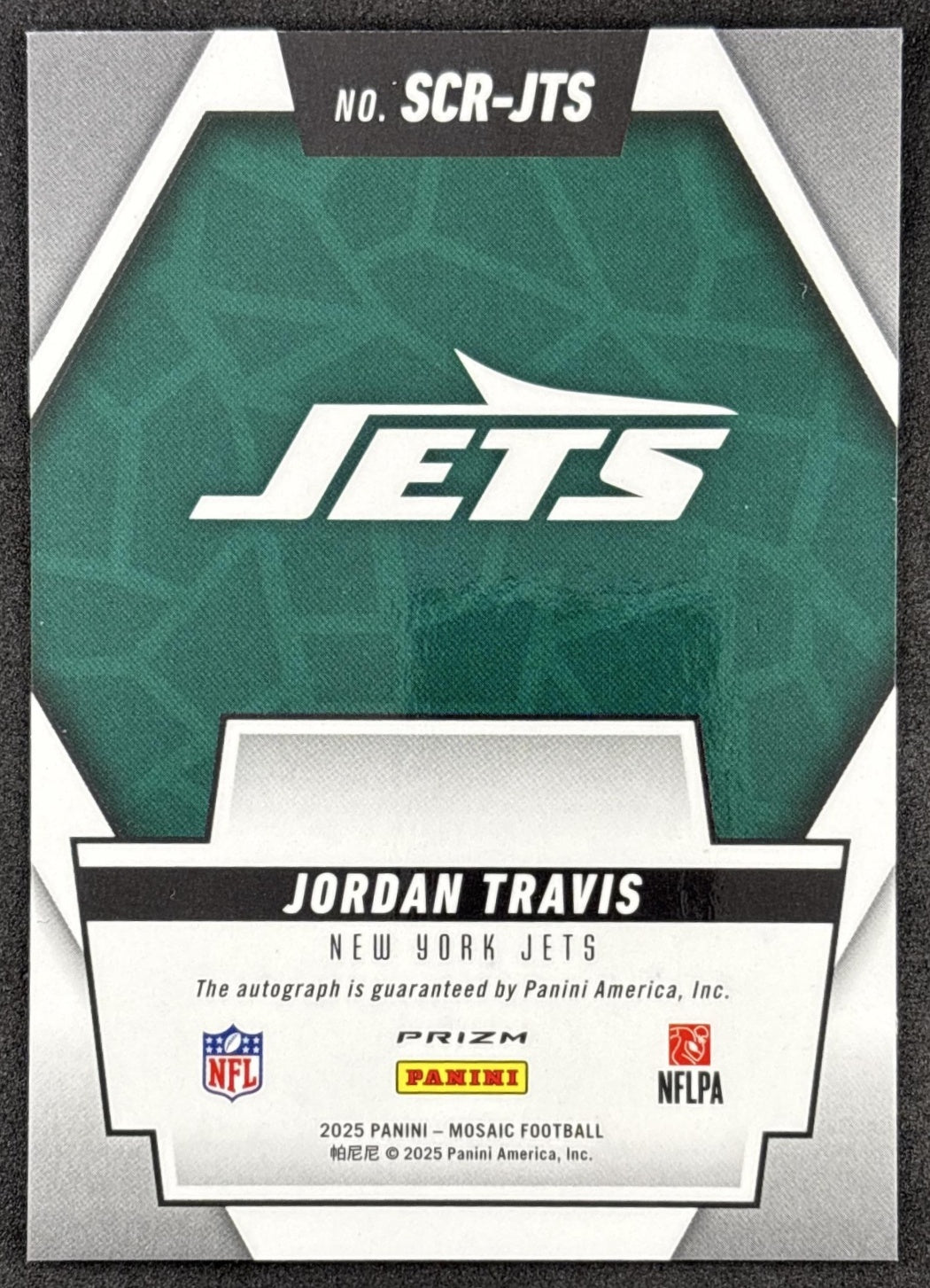 Jordan Travis 2025 Panini Mosaic Scripts Jets back