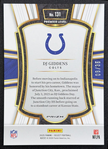 DJ Giddens 2025 Panini Select Premier Level White Prizm /35 Colts - back
