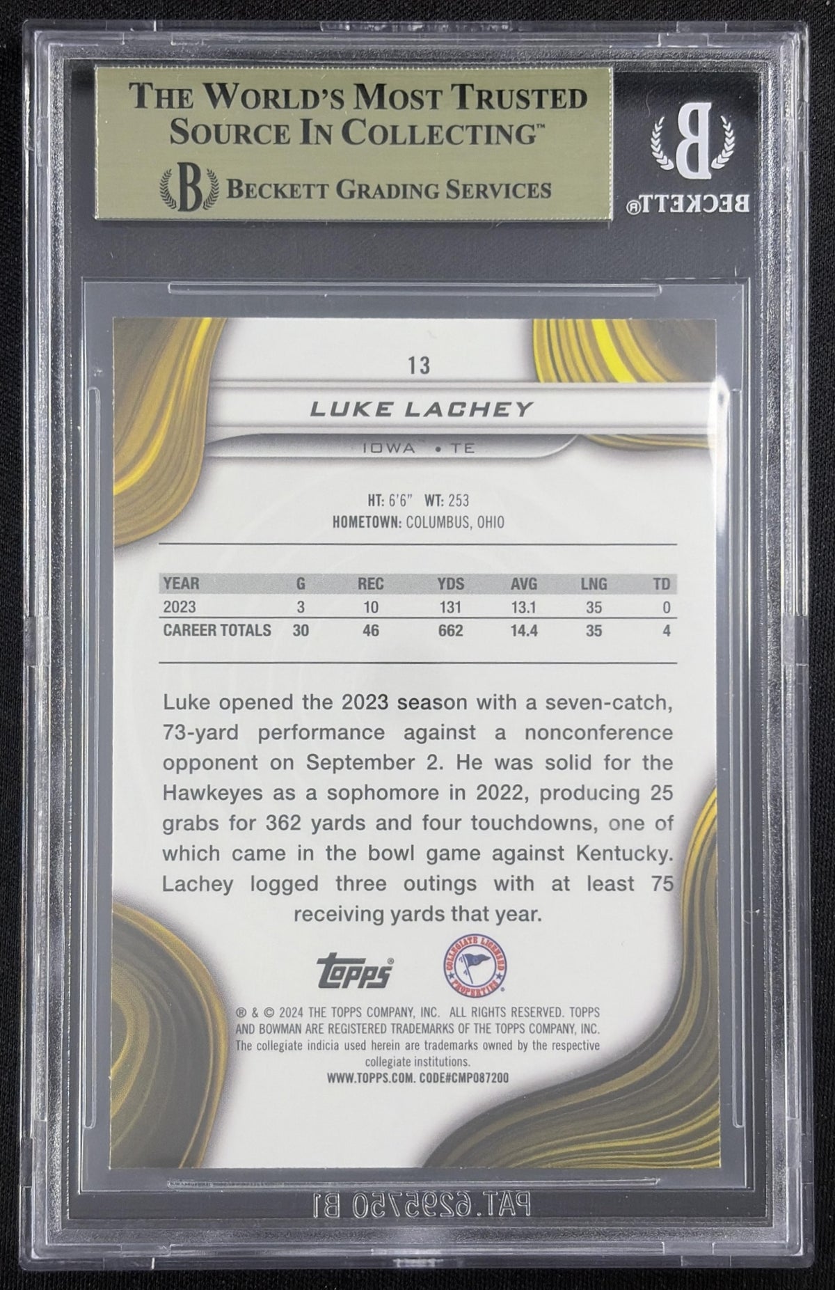 Luke Lachey 2024 Bowman Best University Purple Refractor /125 BGS 9.5 Hawkeyes Sports Trading Card