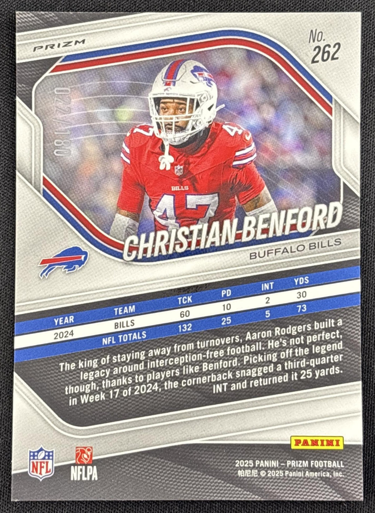 Christian Benford 2025 Panini Prizm Pigskin /180 Bills