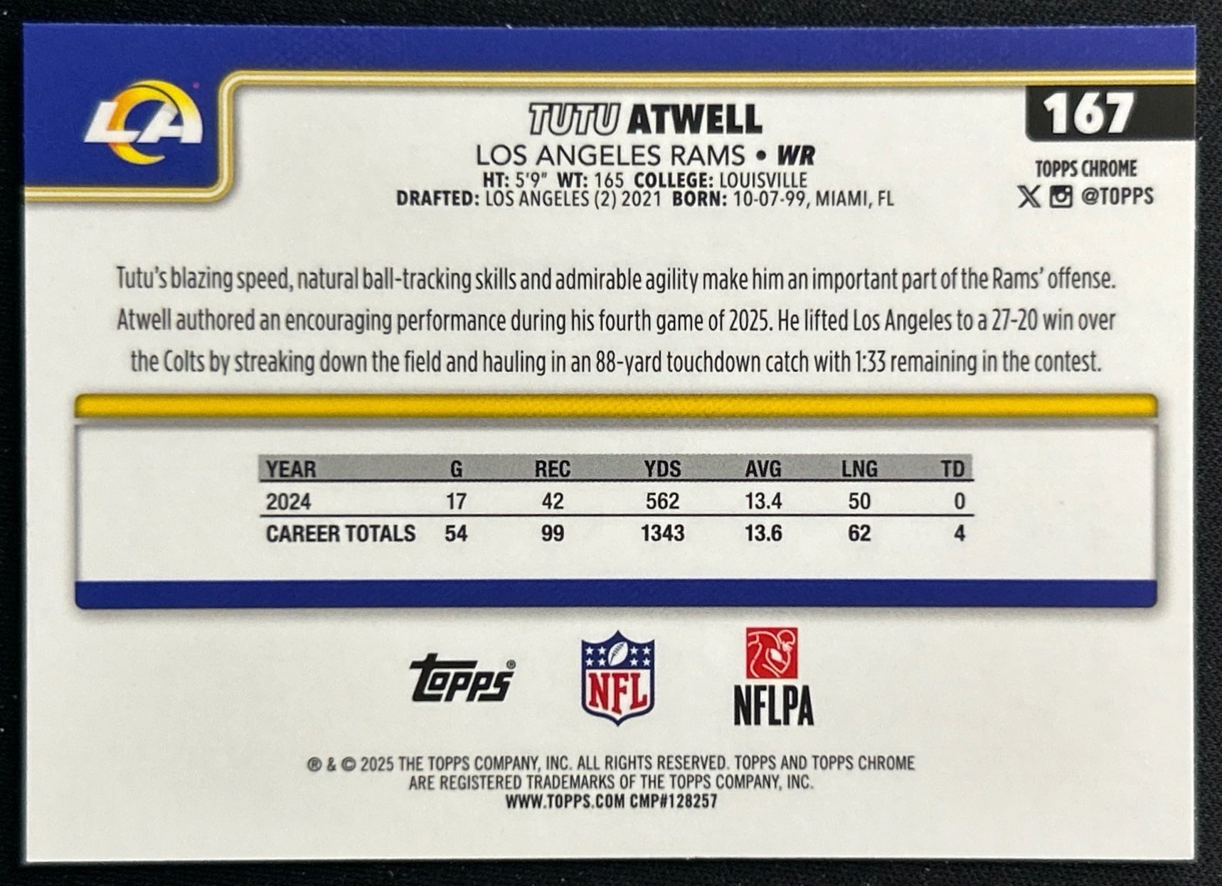 Tutu Atwell 2025 Topps Chrome Rams Sports Trading Cards