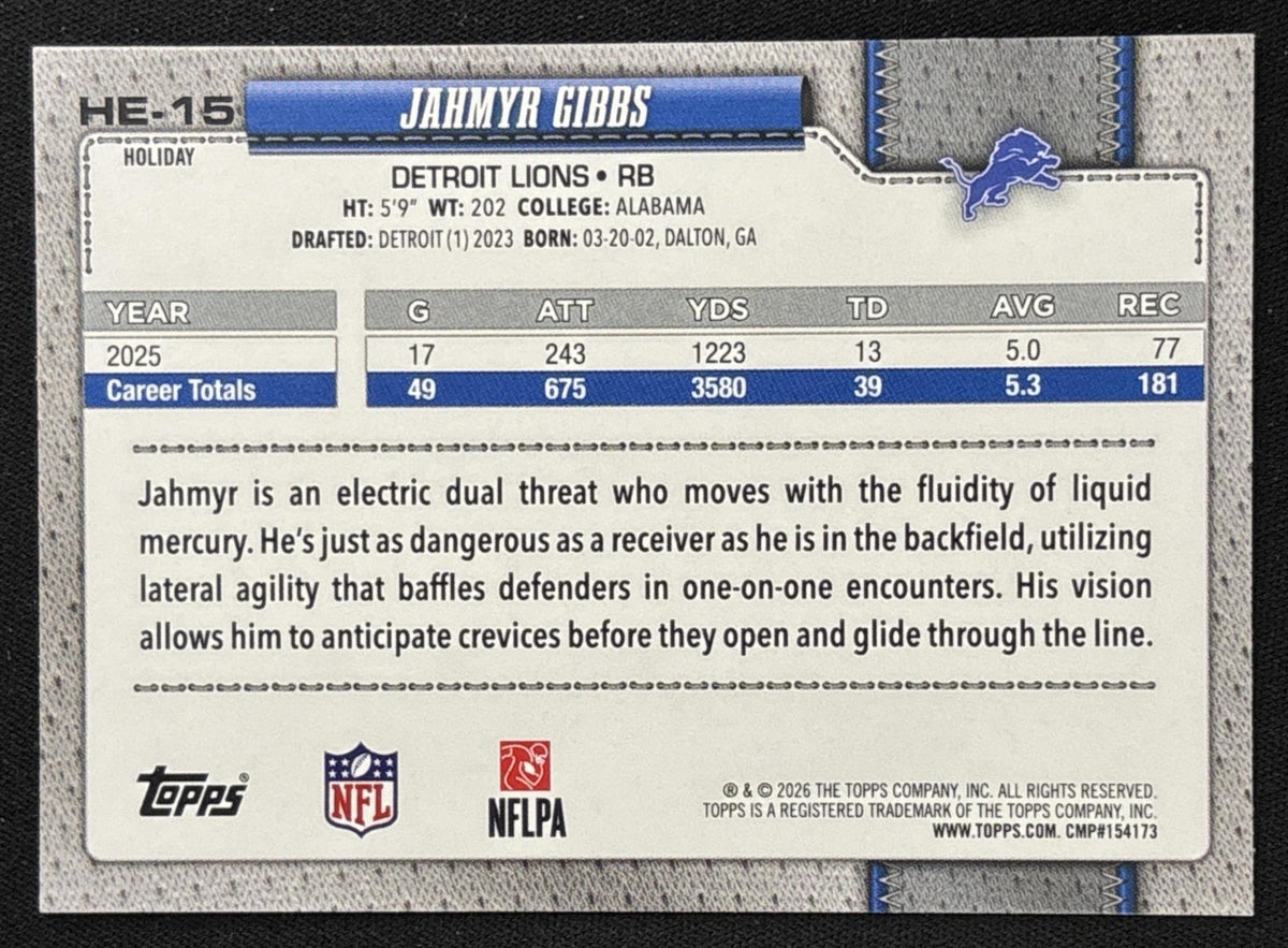 Jahmyr Gibbs 2026 Topps Holiday Hidden Elf Lions Sports Trading Card