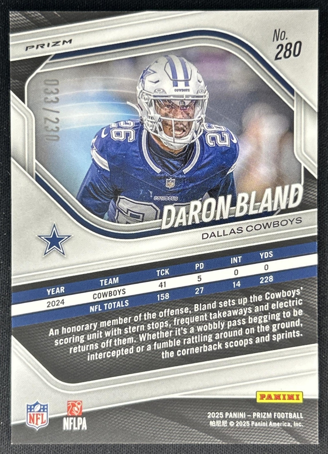 DaRon Bland 2025 Panini Prizm Blue Wave /230 Cowboys Back