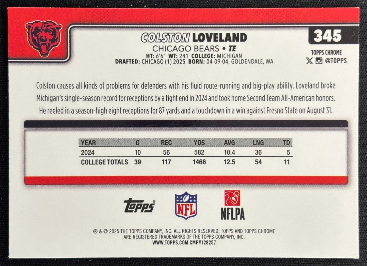 Colston Loveland 2025 Topps Chrome Rookie Bears Sports Trading Cards