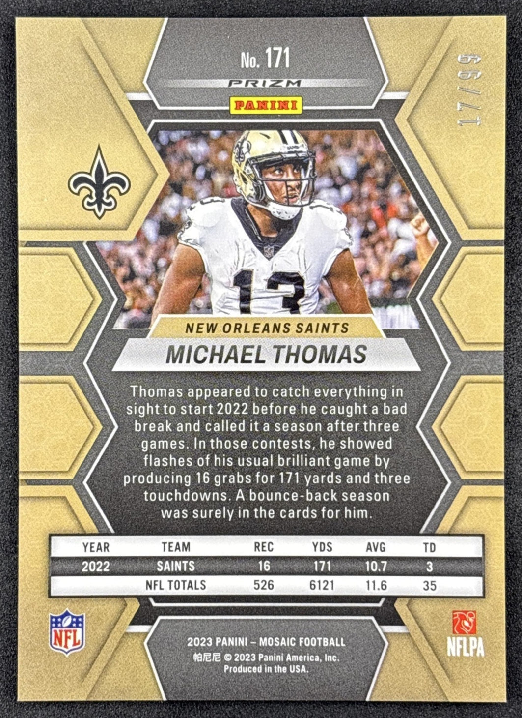 Michael Thomas 2023 Panini Mosaic Blue Mosaic Prizm /99 Saints back