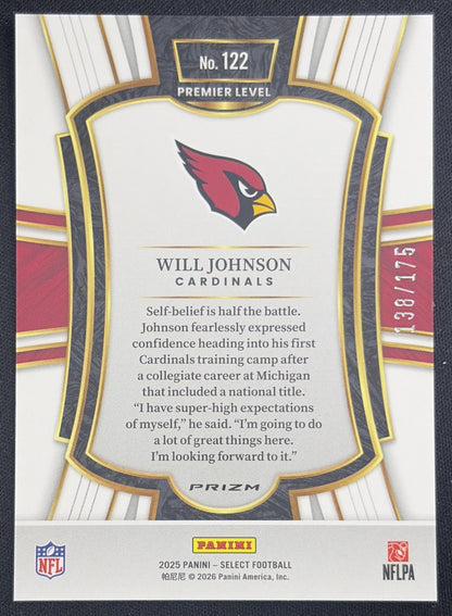 Will Johnson 2025 Panini Select Premier Level Blue Prizm /175 Cardinals