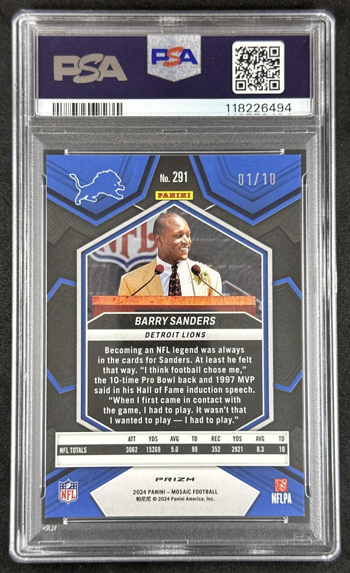 Barry Sanders 2024 Panini Mosaic No Huddle Gold Prizm /10 PSA 10