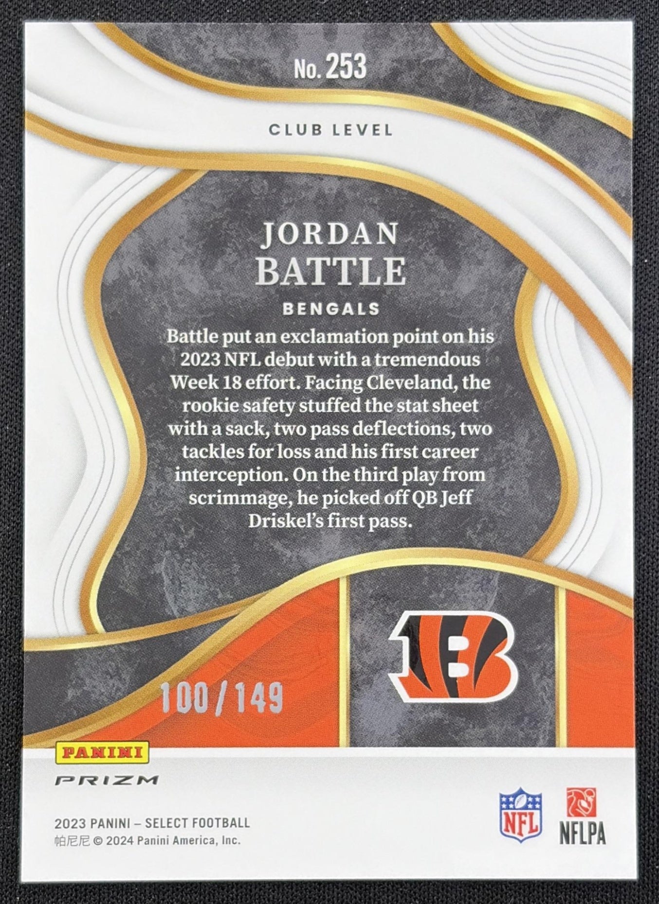 Jordan Battle 2023 Panini Select Tri Color Prizms /149 Bengals