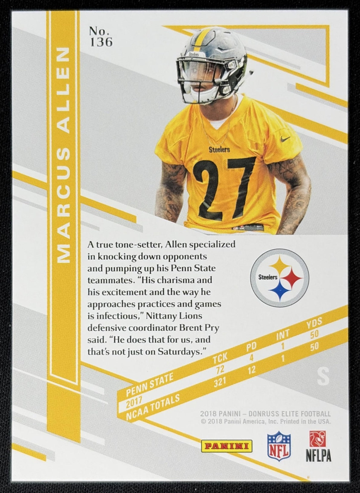 Marcus Allen 2018 Panini Donruss Elite Purple /99 Steelers back