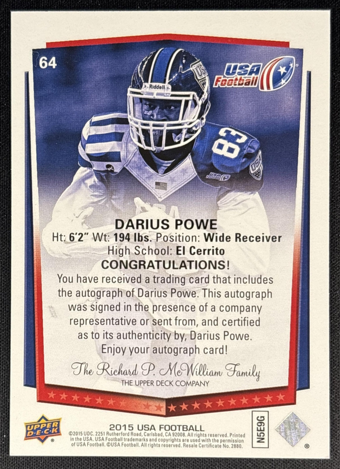 Darius Powe 2015 Upper Deck USA Football Auto back