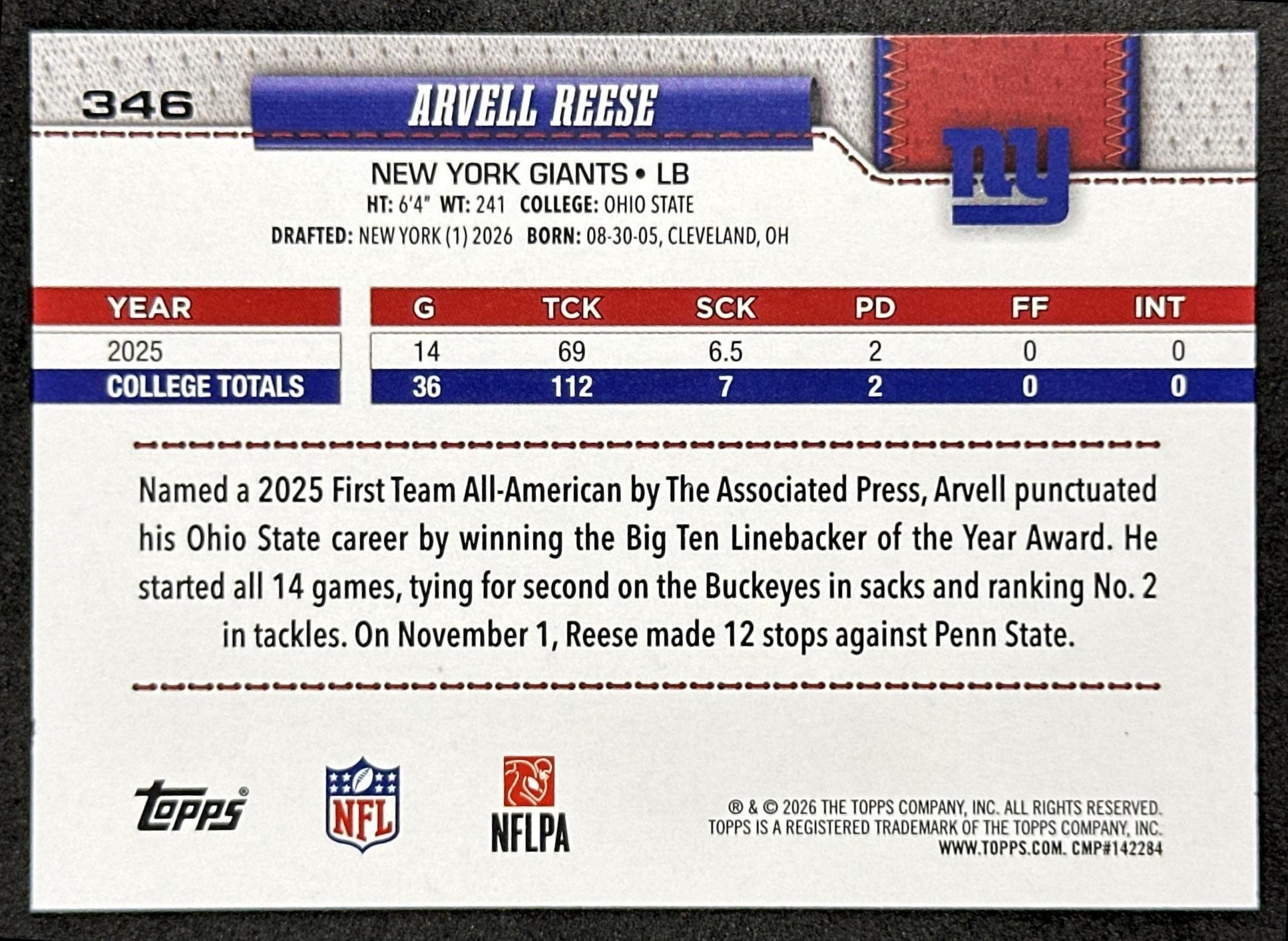 Arvell Reese 2026 Topps Flagship Rookie Giants Sports Trading Card