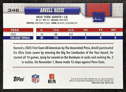 Arvell Reese 2026 Topps Flagship Rookie Giants Sports Trading Card