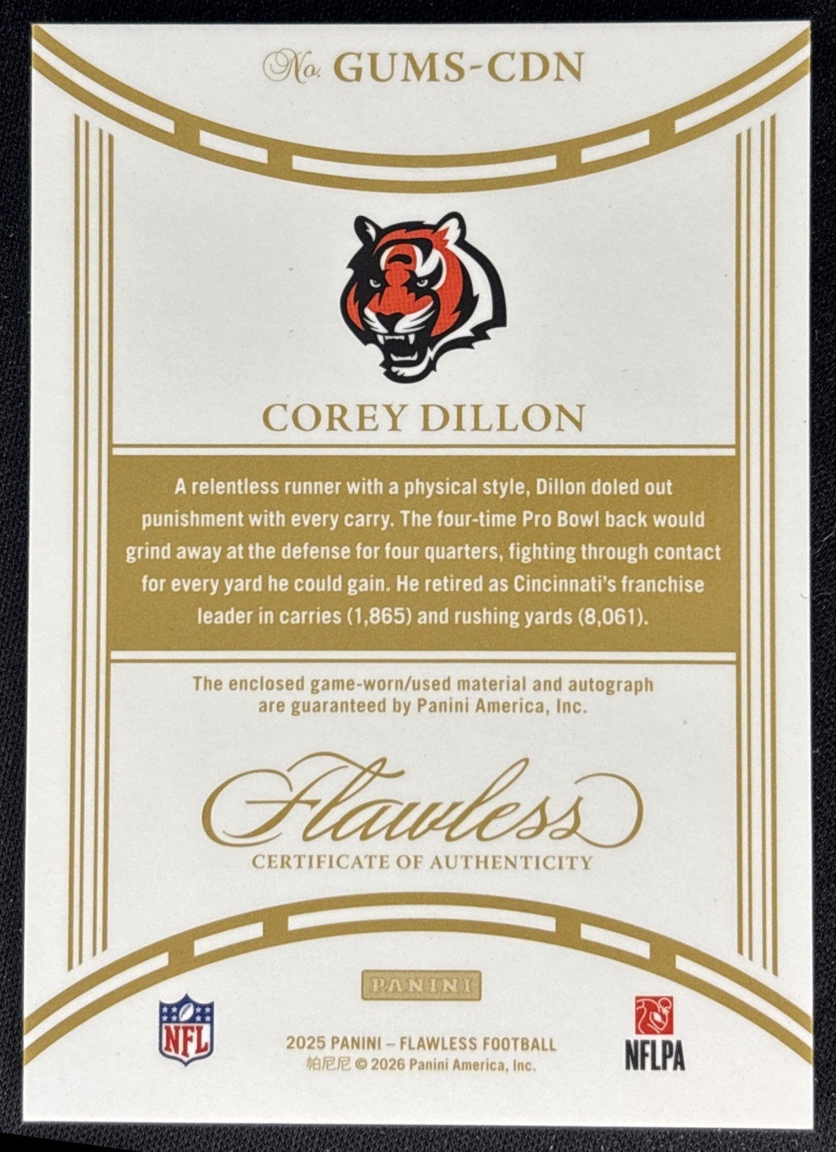 Corey Dillon 2025 Flawless Game Used Memorabilia Signatures Silver /25 Bengals Sports Trading Cards