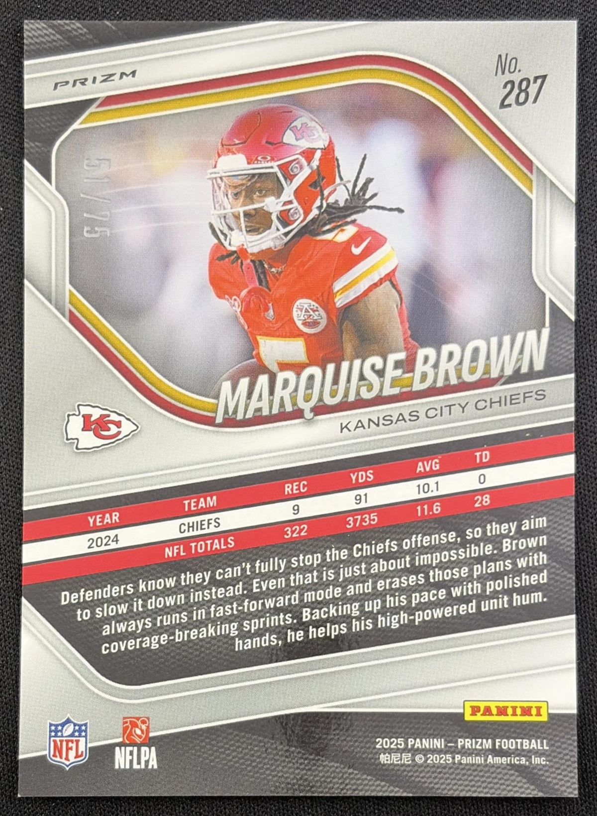 Marquise Brown 2025 Panini Prizm No Huddle Purple /75 Chiefs Kansas City Chiefs