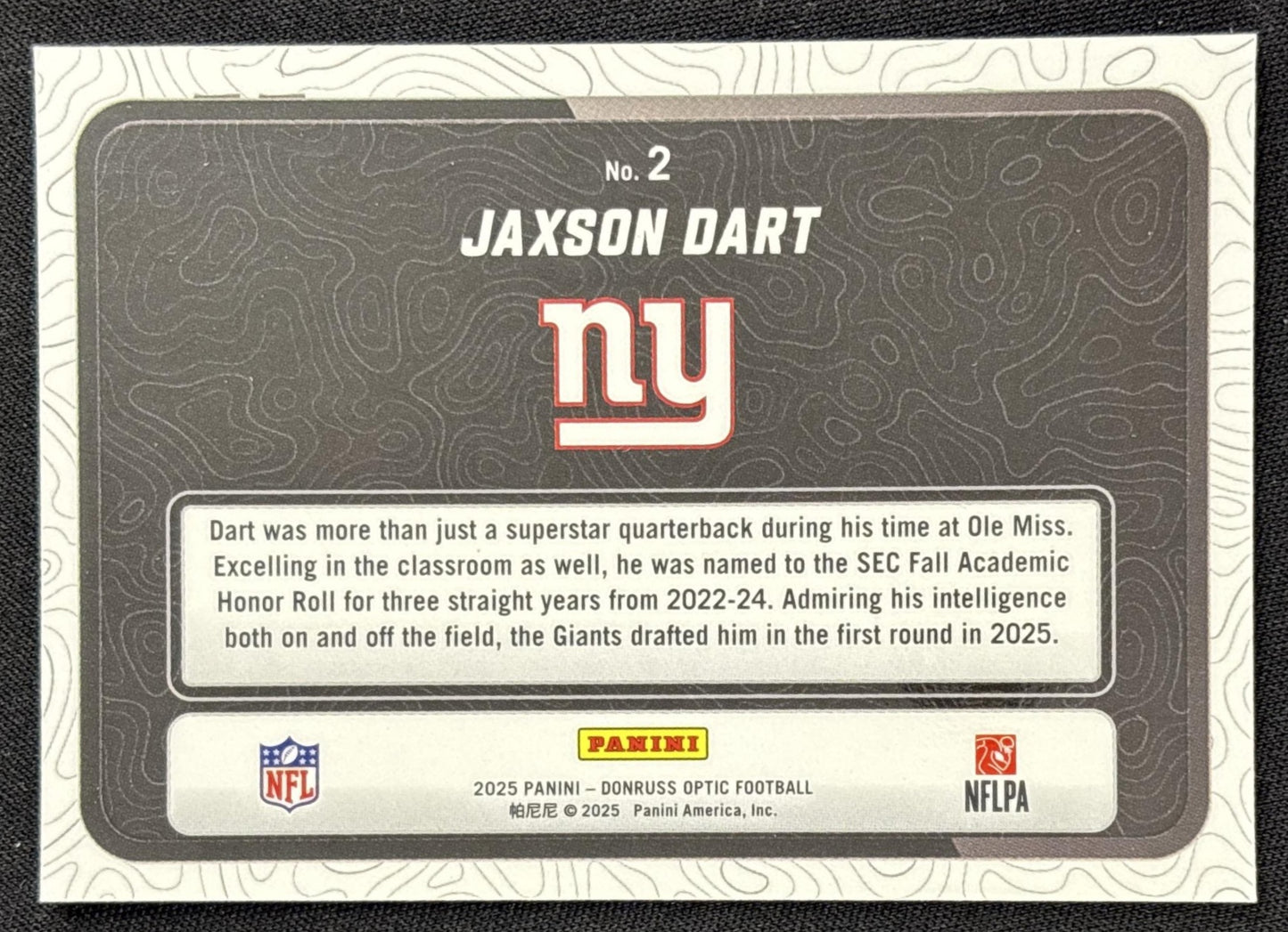 Jaxson Dart 2025 Panini Donruss Optic Passing Grade Giants