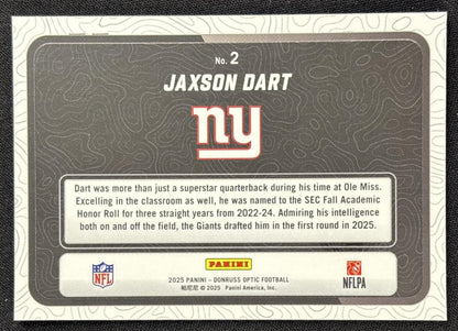 Jaxson Dart 2025 Panini Donruss Optic Passing Grade Giants
