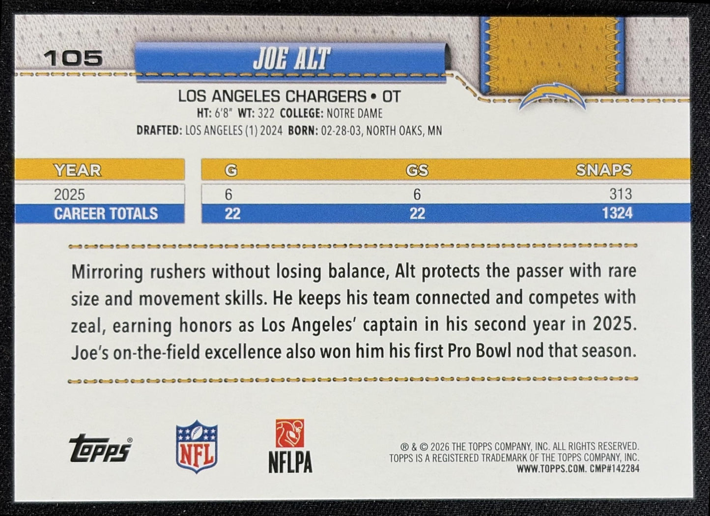 Joe Alt 2026 Topps Sandglitter Chargers back
