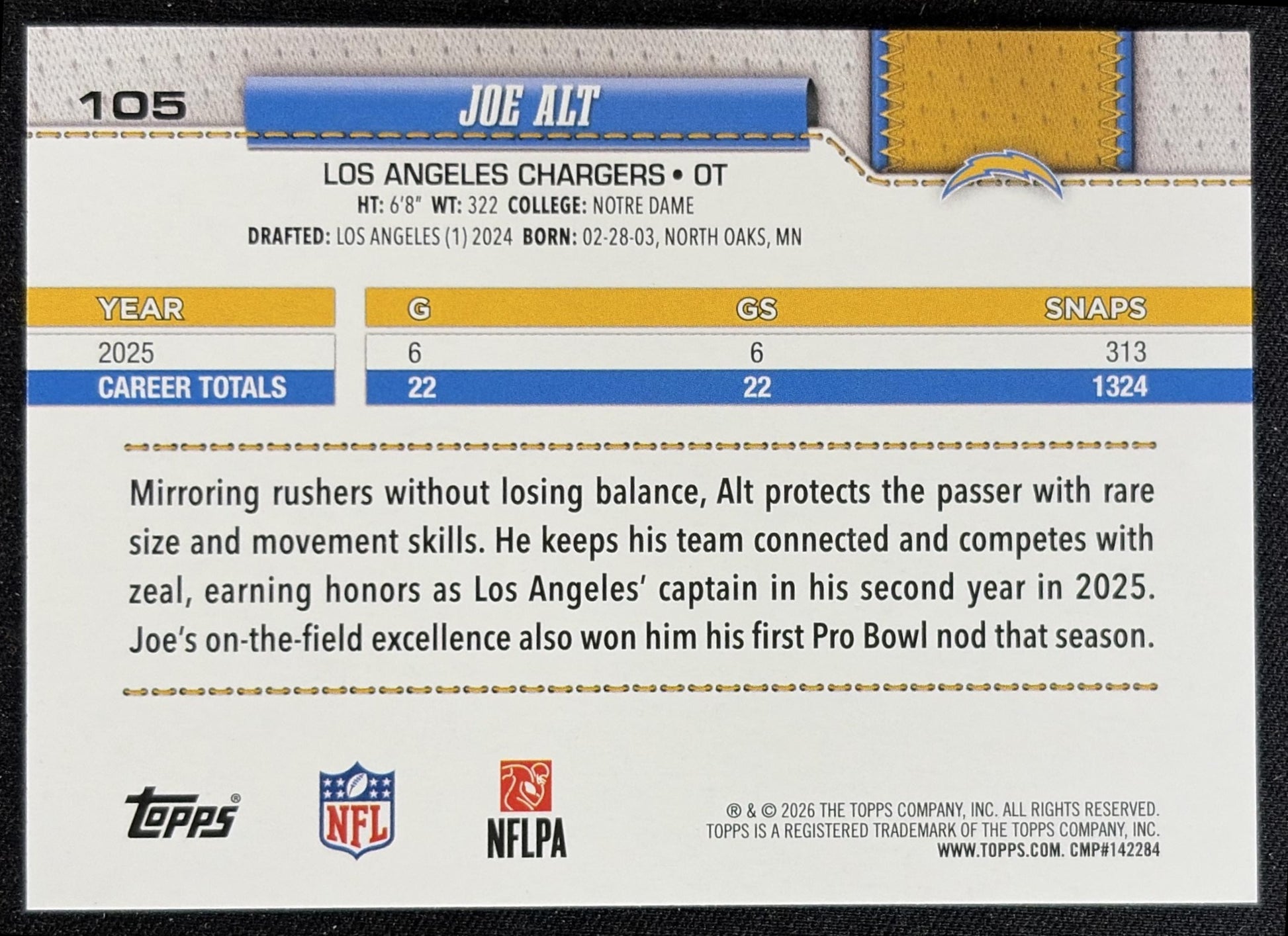 Joe Alt 2026 Topps Sandglitter Chargers back