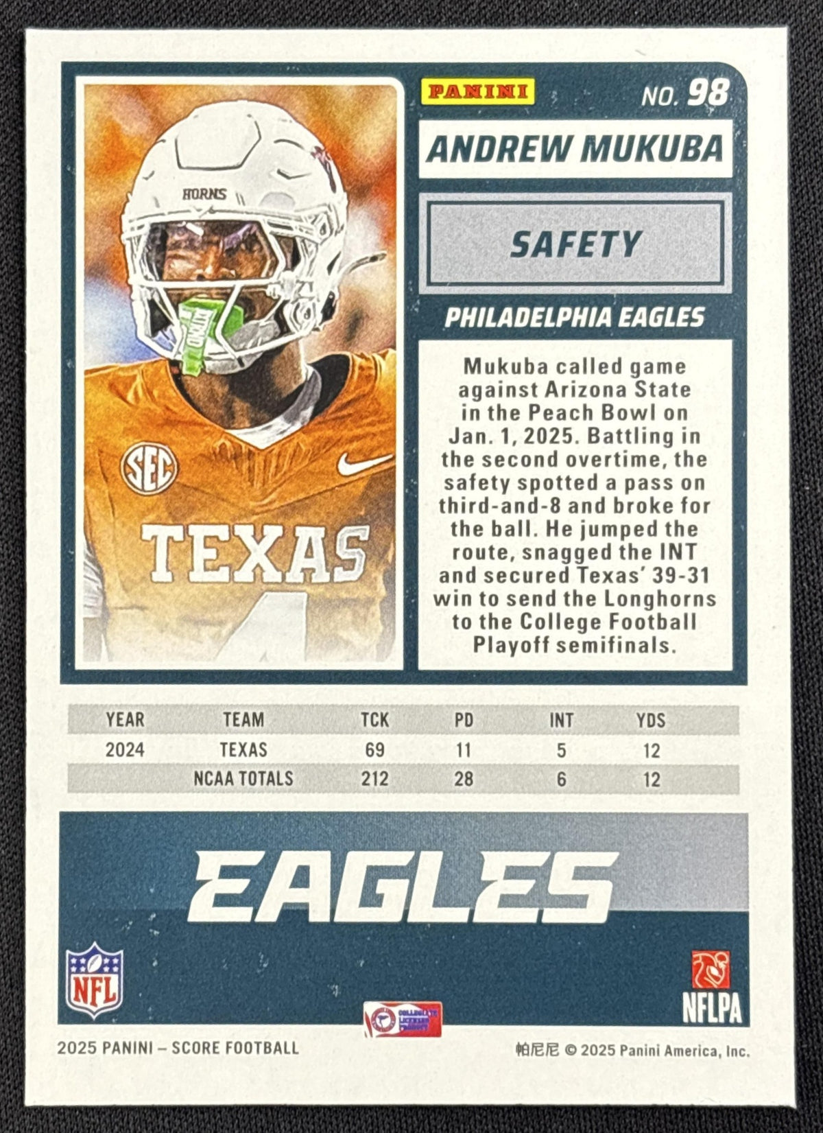 Andrew Mukuba 2025 Panini Score Rookies Ellipse /399 Eagles