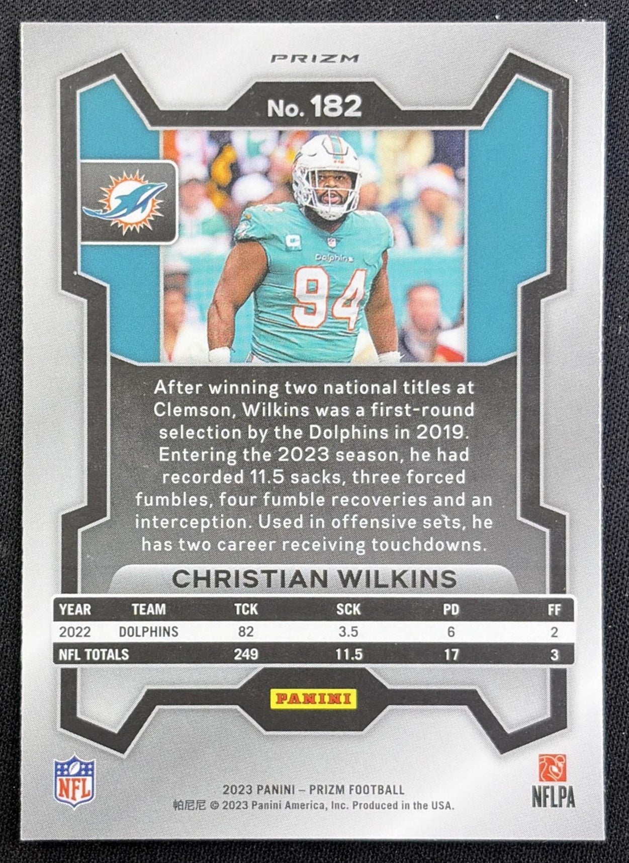 Christian Wilkins 2023 Panini Prizm Green Wave Dolphins
