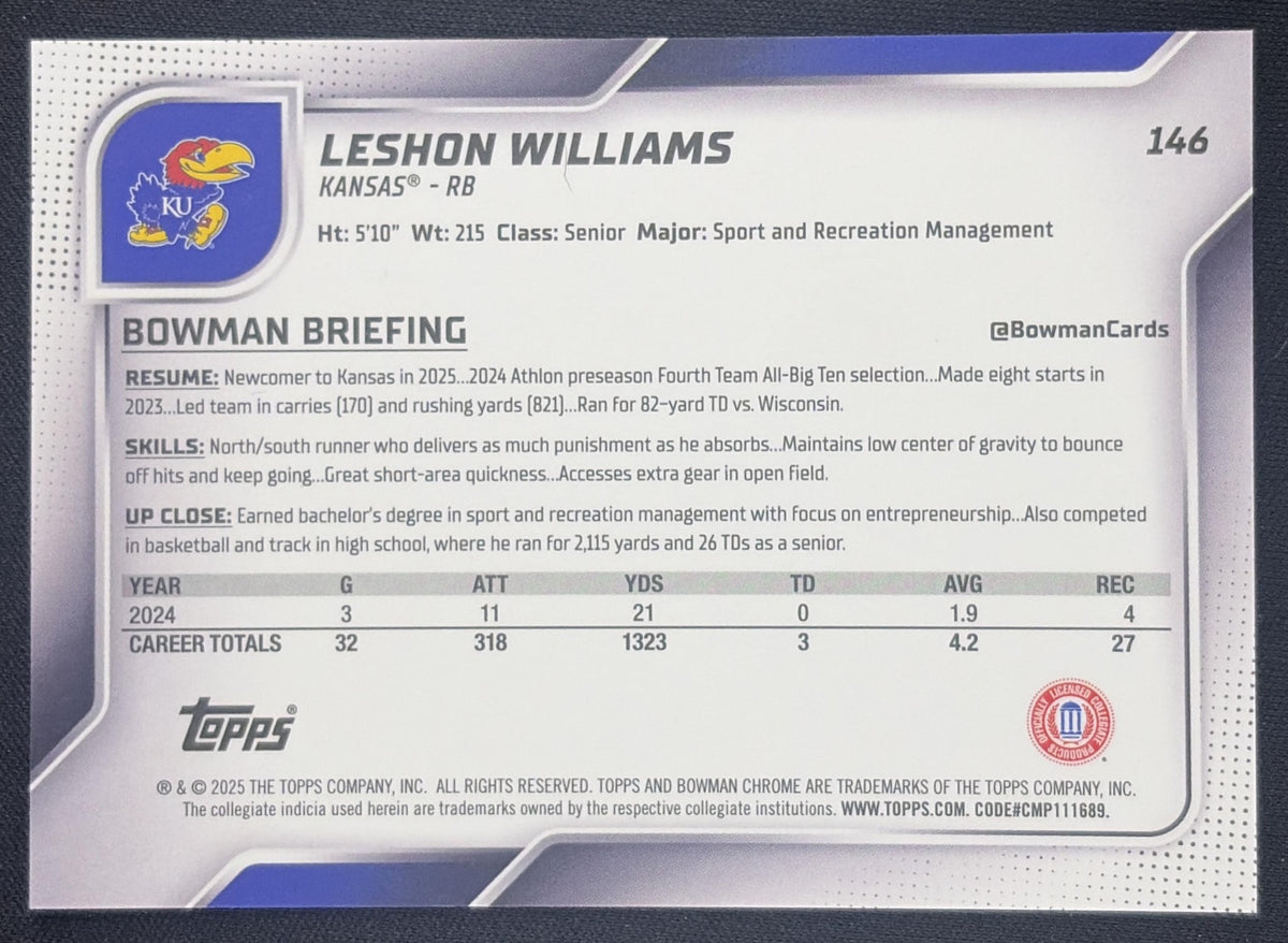 Leshon Williams 2025 Bowman Chrome University Prospects Black & White Stealth Refractor /48 Jayhawks