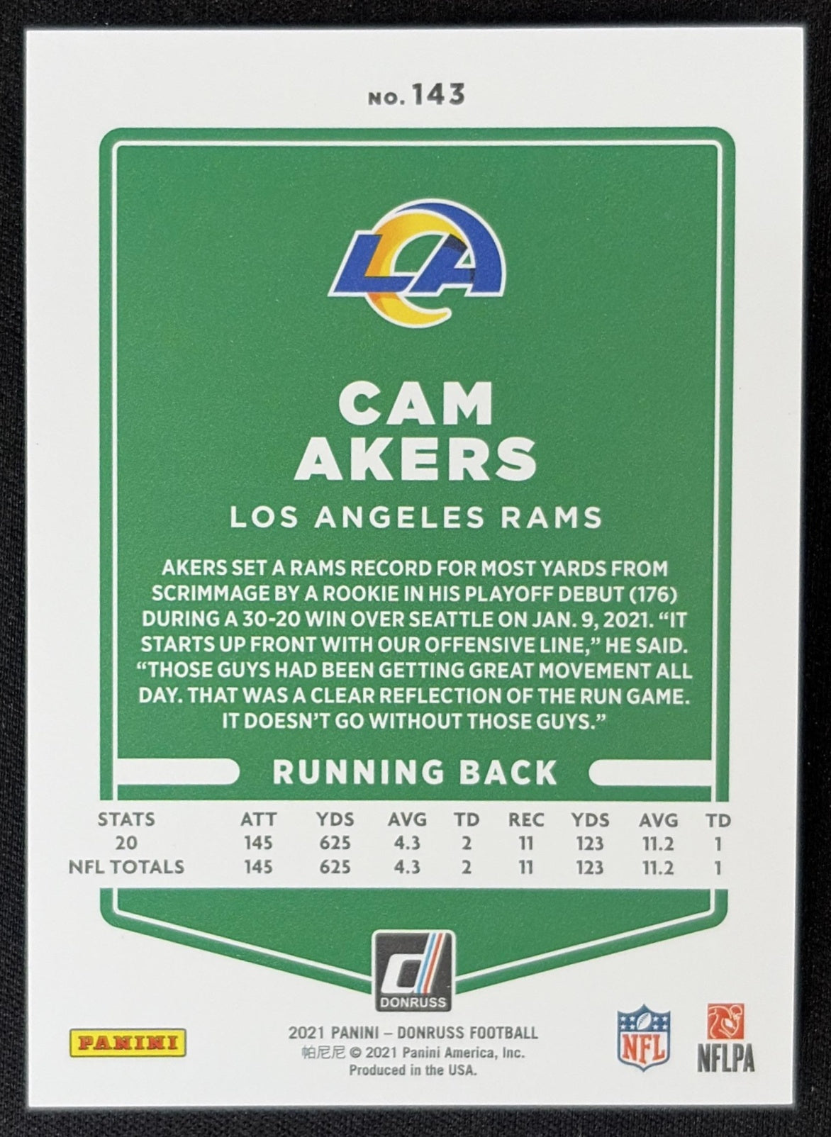 Cam Akers 2021 Panini Donruss Press Proof Premium Rams Sports Trading Card