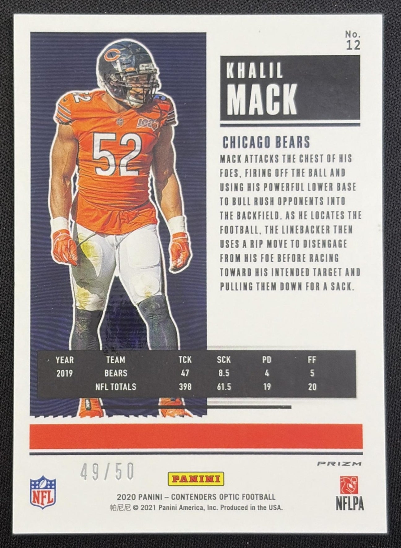Khalil Mack 2020 Panini Contenders Optic Orange /50 Bears Chicago Bears
