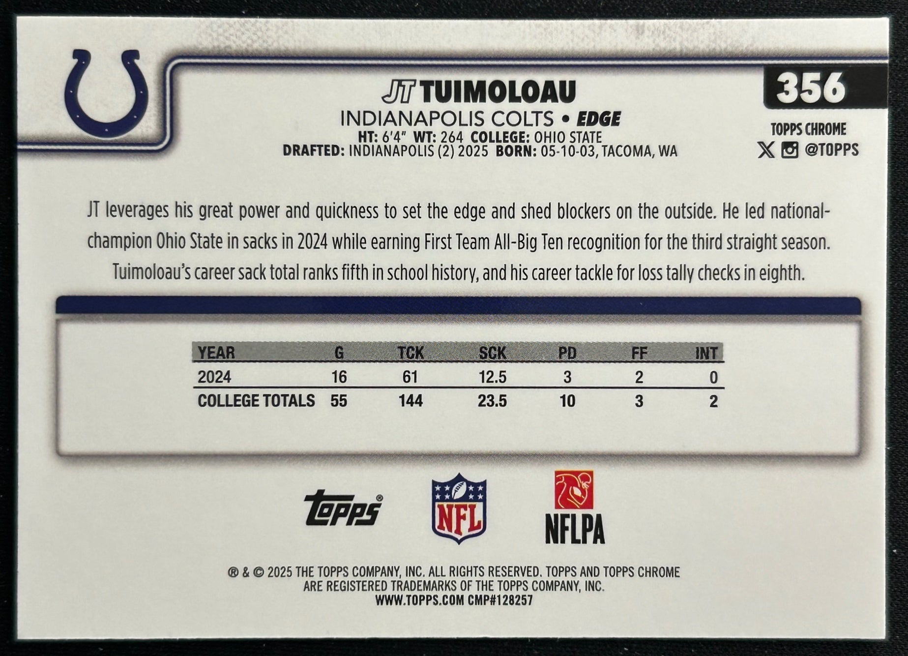JT Tuimoloau 2025 Topps Chrome Rookie Colts Sports Trading Cards