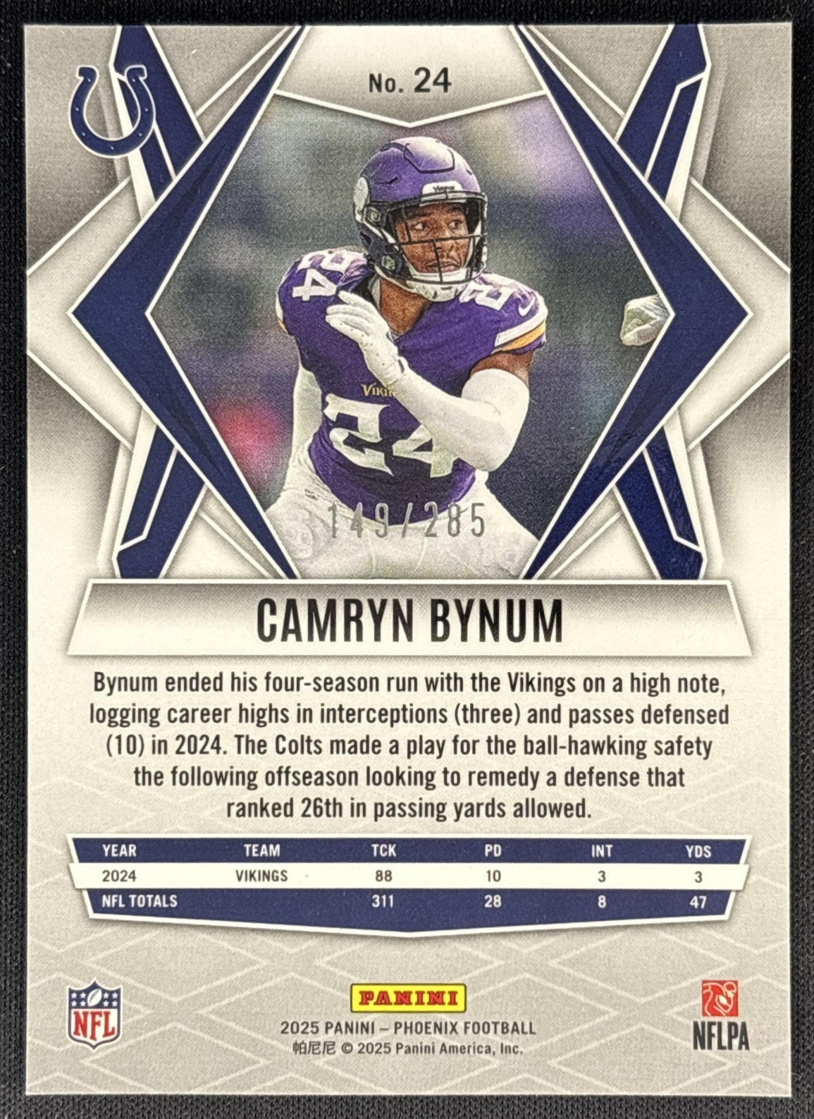 Camryn Bynum 2025 Panini Phoenix Lime Green Pyramids Prizm /285 Colts back