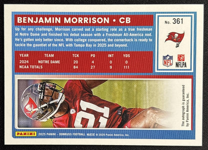 Benjamin Morrison 2025 Panini Donruss Rated Rookie Auto Green Buccaneers