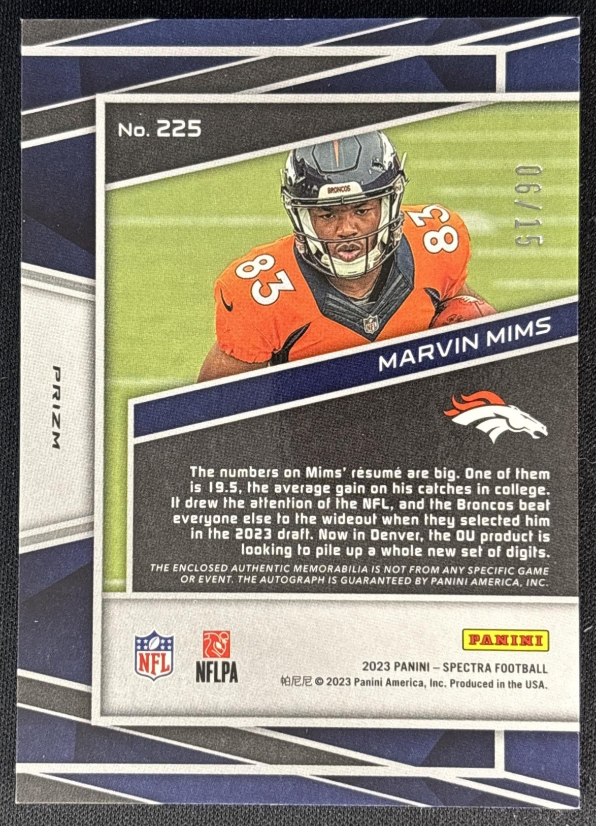 Marvin Mims 2023 Panini Spectra Rookie Patch Auto Neon Orange /15 Broncos Sports Trading Cards