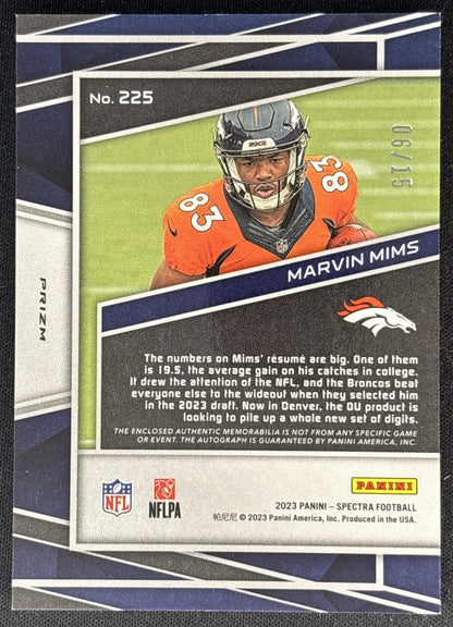 Marvin Mims 2023 Panini Spectra Rookie Patch Auto Neon Orange /15 Broncos Sports Trading Cards