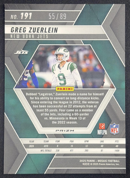Greg Zuerlein 2025 Panini Mosaic Choice Fusion Red & Yellow Prizm /89 Jets New York Jets