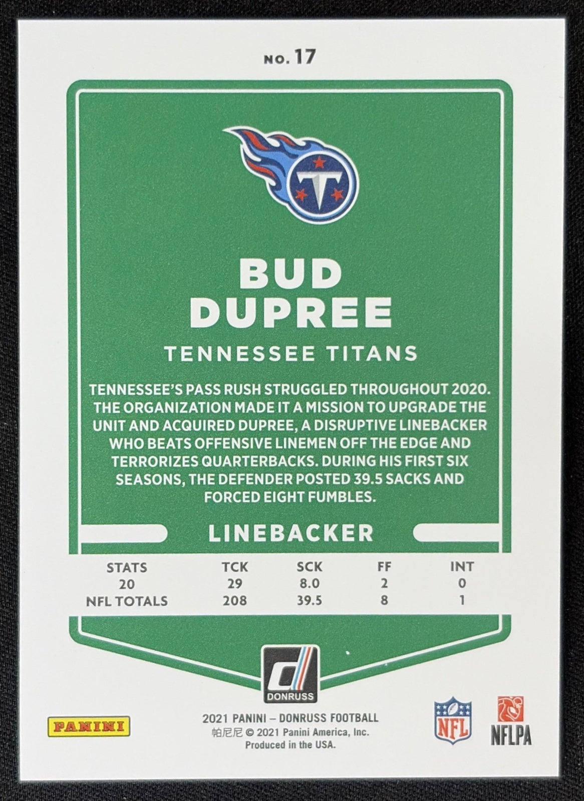 Bud Dupree 2021 Panini Donruss Press Proof Premium Titans Sports Trading Card
