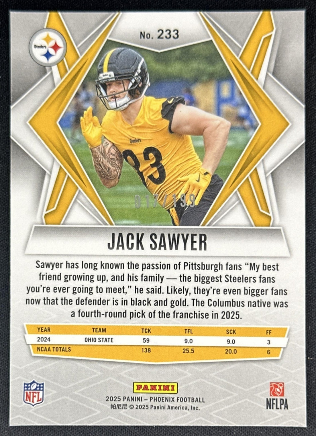 Jack Sawyer 2025 Panini Phoenix Wave Prizm /199 Steelers Sports Trading Cards