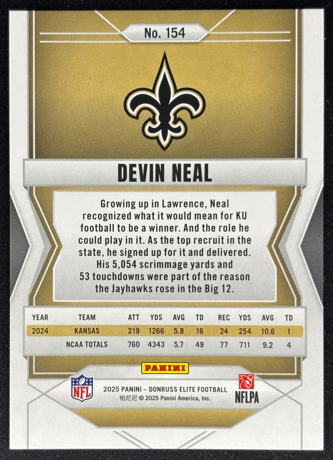 Devin Neal 2025 Donruss Elite Rookies Status Metallic Orange /849 Saints back sports trading card