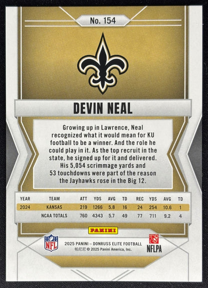 Devin Neal 2025 Donruss Elite Rookies Status Metallic Orange /849 Saints back sports trading card