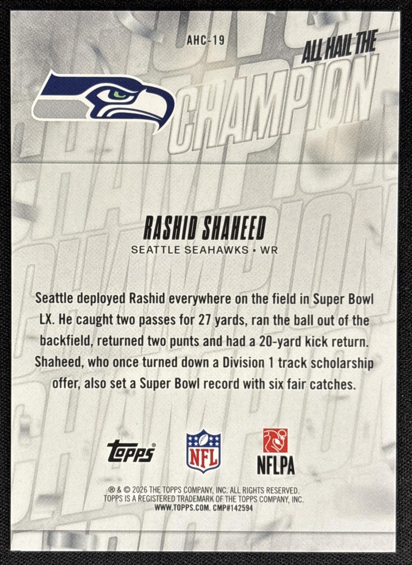 Rashid Shaheed 2026 Topps All Hail The Champ Orange Foil /25 Seahawks - back