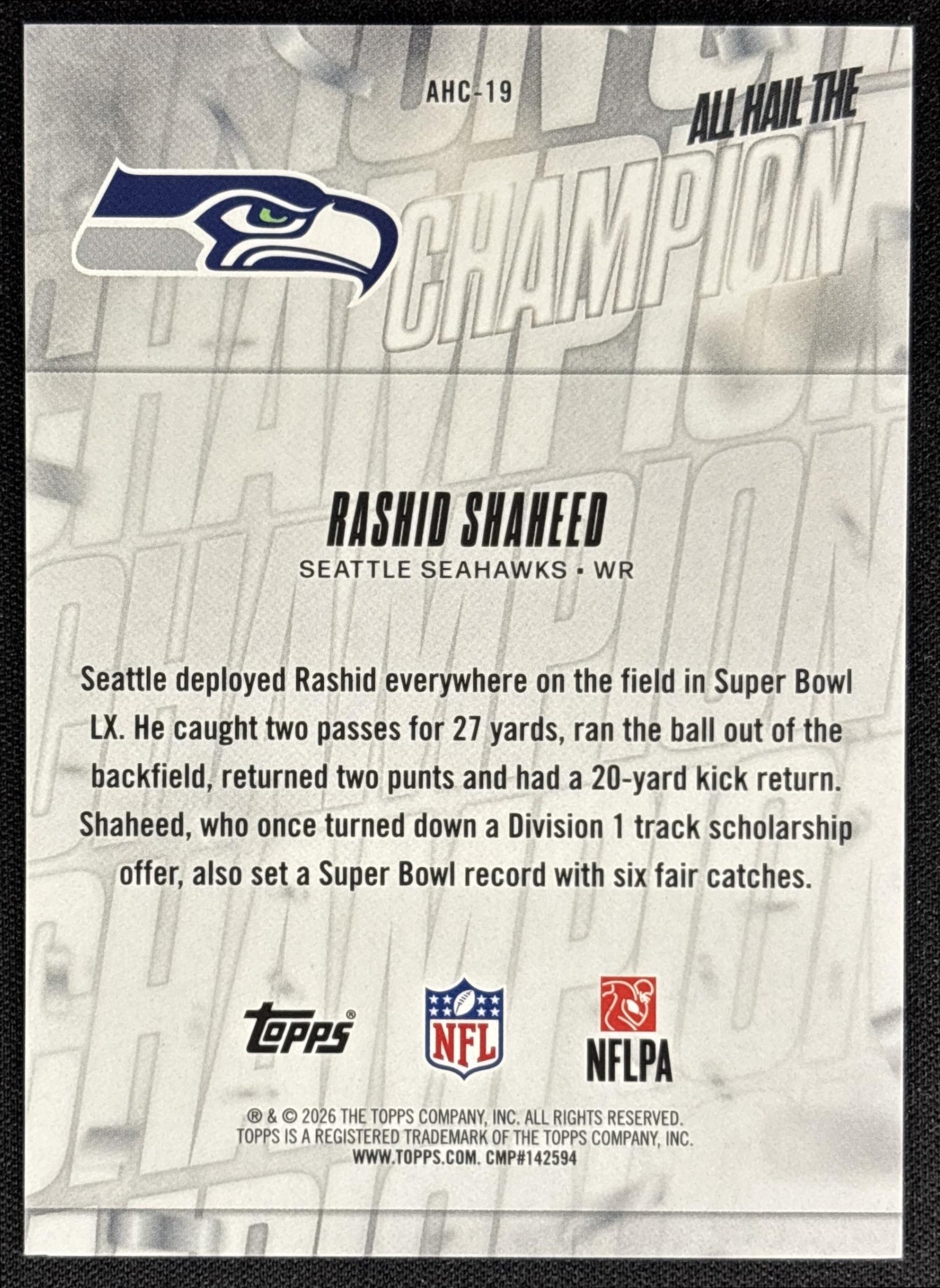 Rashid Shaheed 2026 Topps All Hail The Champ Orange Foil /25 Seahawks - back