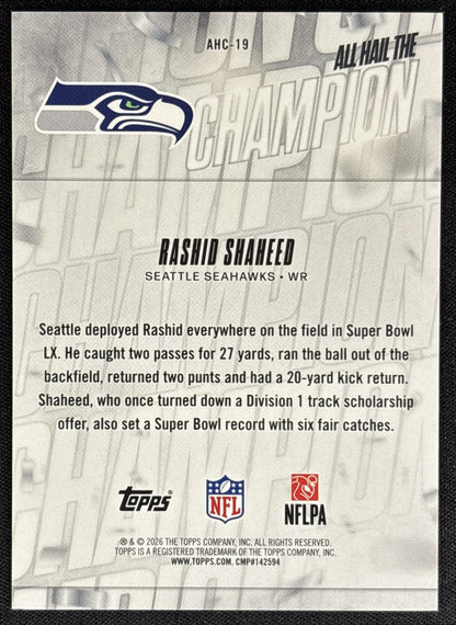 Rashid Shaheed 2026 Topps All Hail The Champ Orange Foil /25 Seahawks - back