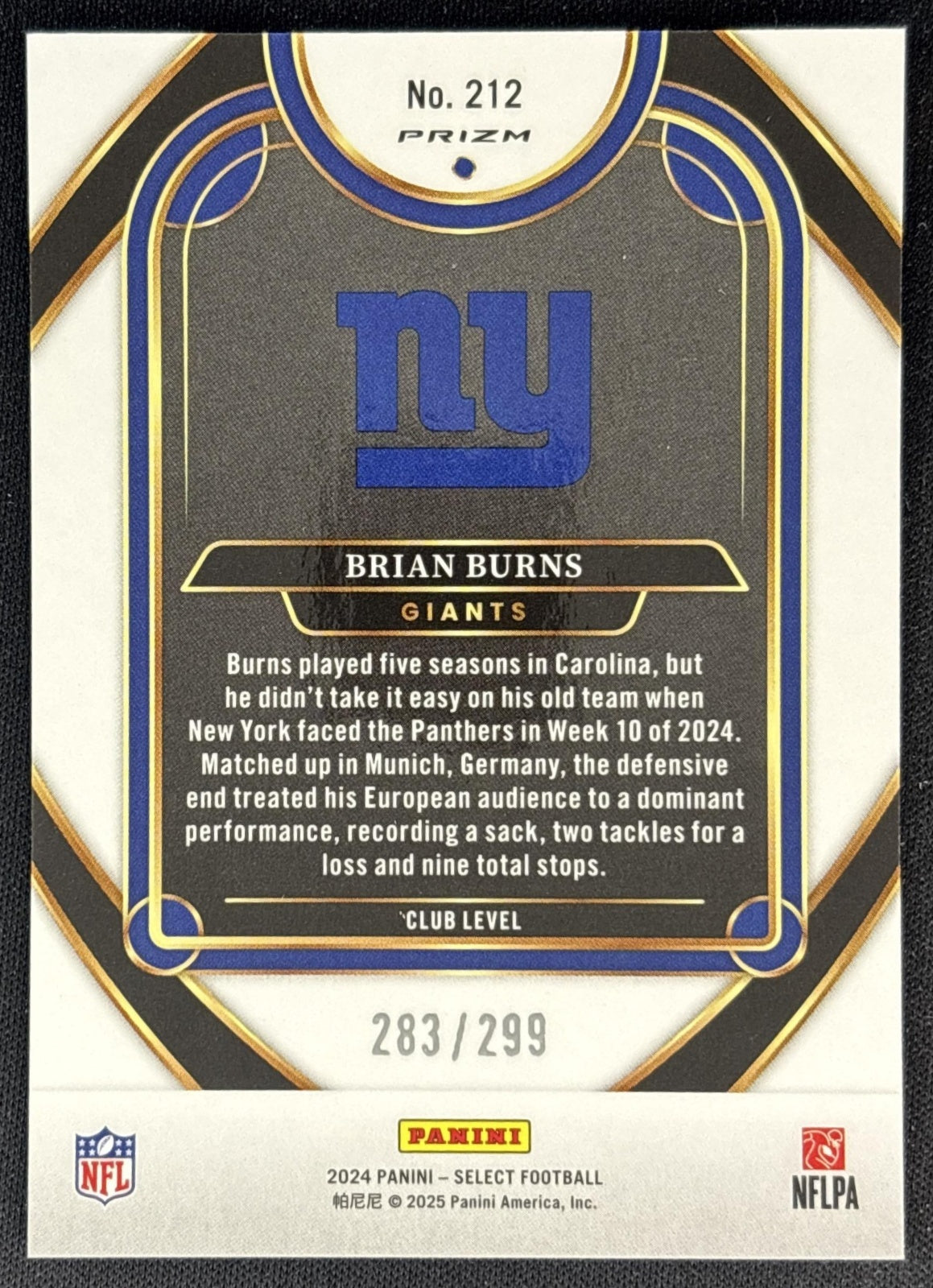 Brian Burns 2024 Panini Select Club Copper Prizm Shock /299 Giants back