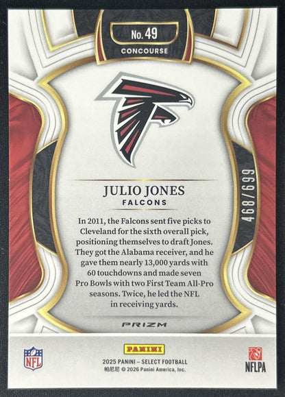 Julio Jones 2025 Panini Select Concourse Purple Prizm Shock /699 Falcons back