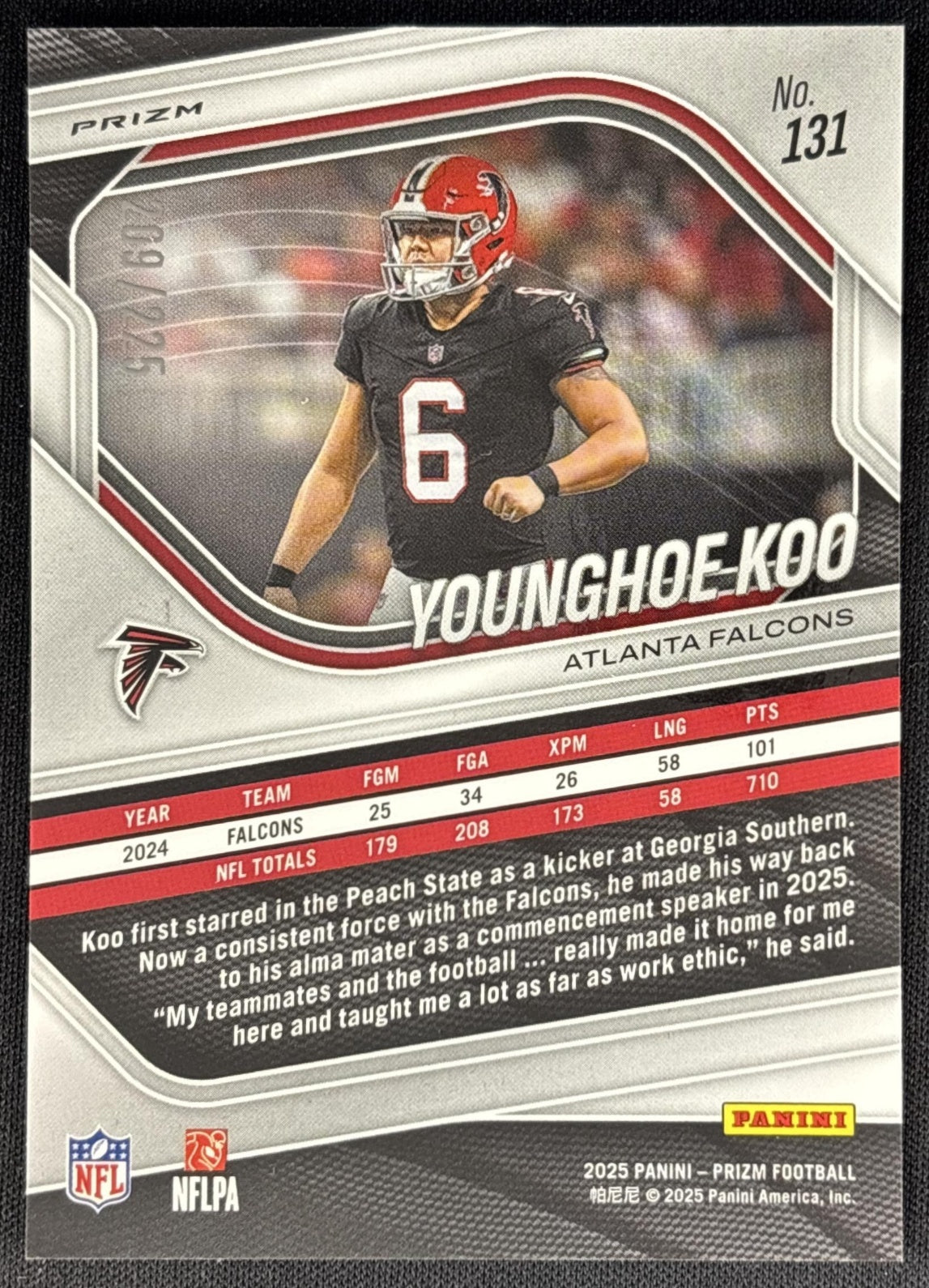 Younghoe Koo 2025 Panini Prizm Purple Ice /225 Falcons Sports Trading Card