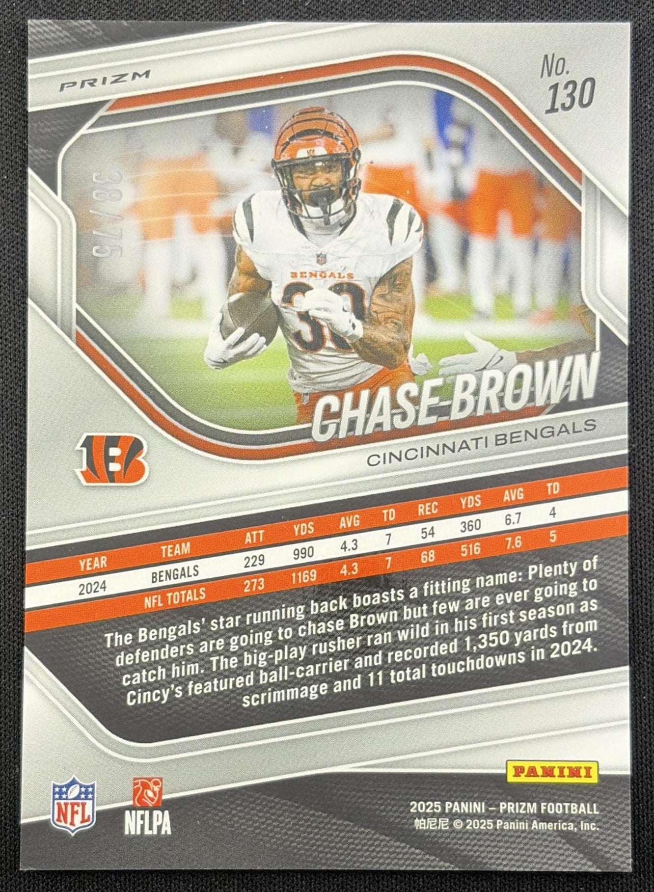 Chase Brown 2025 Panini Prizm No Huddle Purple /75 Bengals Cincinnati Bengals