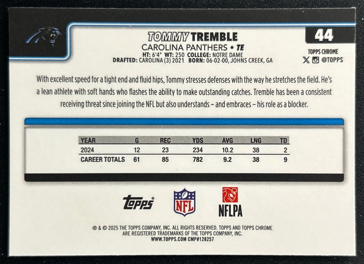 Tommy Tremble 2025 Topps Chrome Panthers Sports Trading Cards