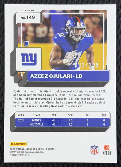 Azeez Ojulari 2022 Panini Donruss Optic Aqua /299 Giants