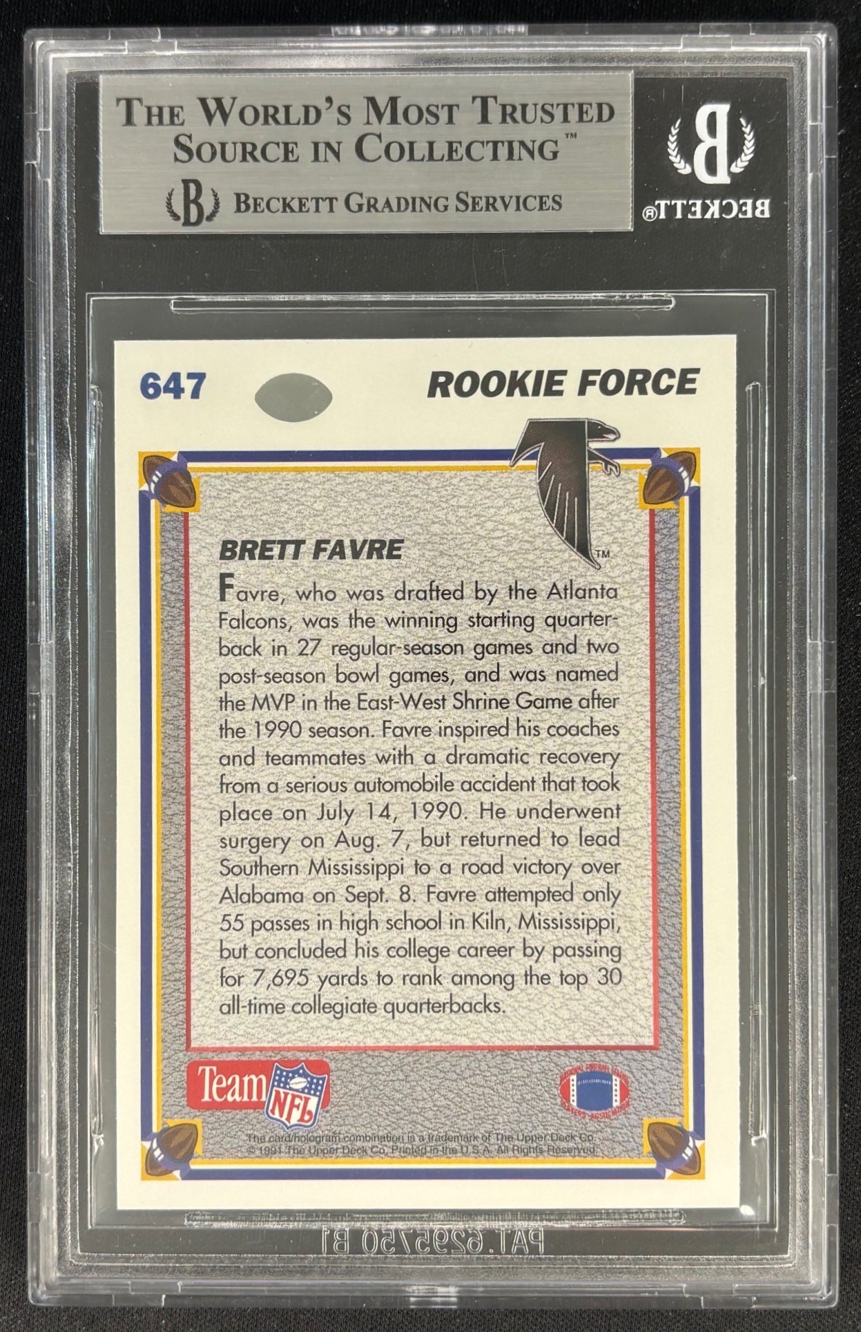 Brett Favre 1991 Upper Deck BGS 9 Rookie Packers Falcons - Back (Wayne Collection)