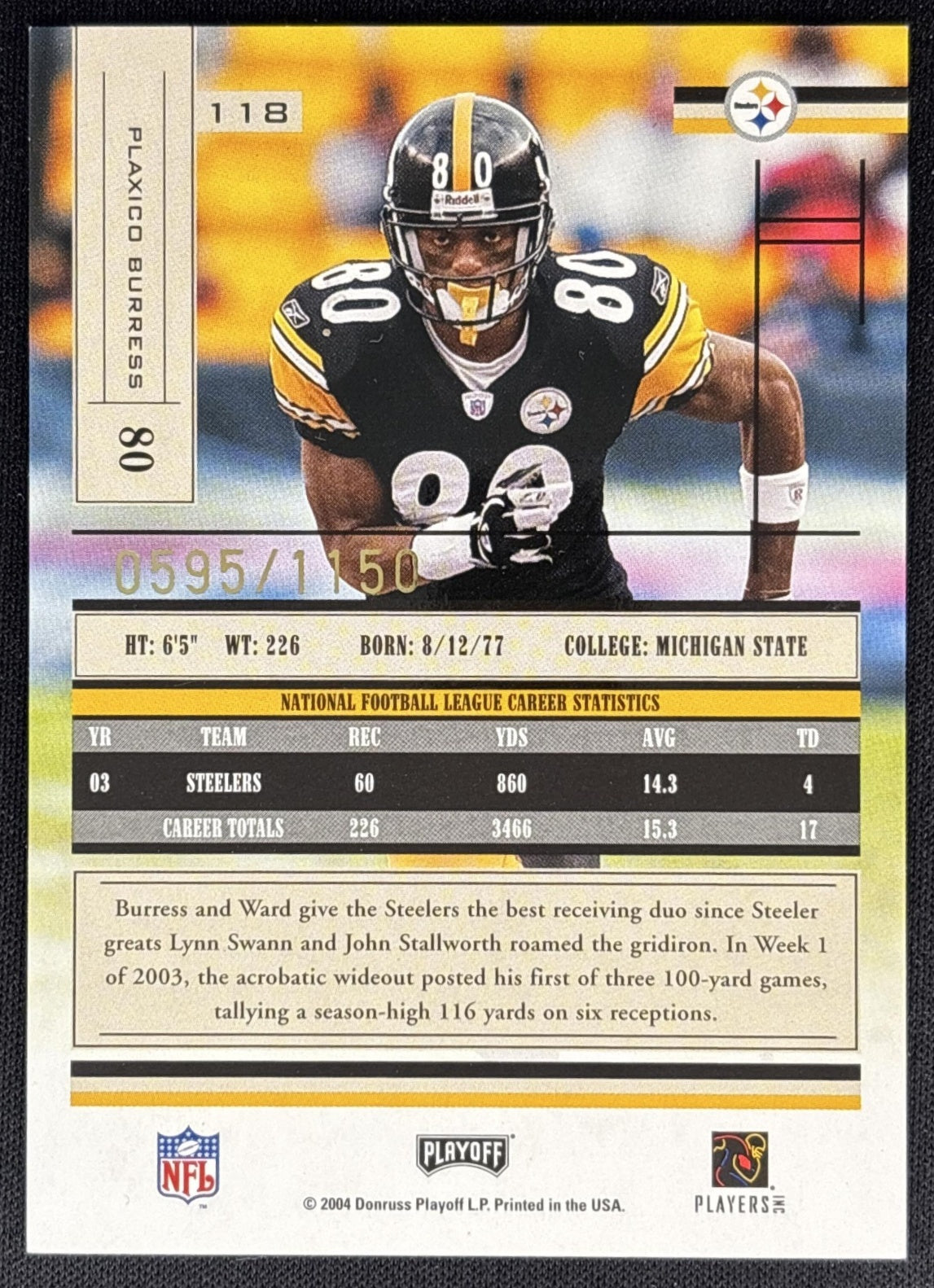 Plaxico Burress 2004 Playoff Absolute Memorabilia /1150 Steelers back
